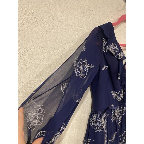 Marchesa Notte Dress Womens 10 Navy Floral Embroidered Mesh Ruffle Sheer Sleeves - Picture 4 of 5